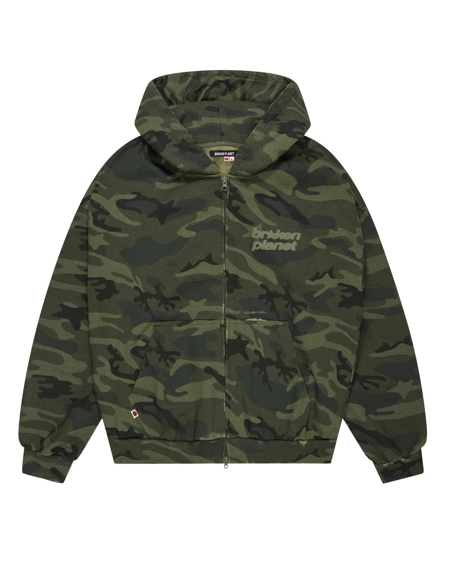 Camouflage hoodie with brand logo on a white background