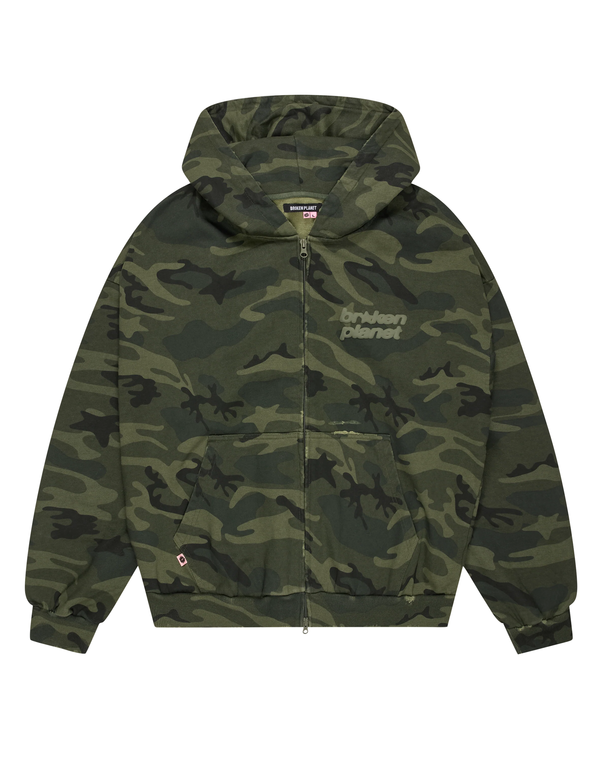 Camouflage hoodie with brand logo on a white background
