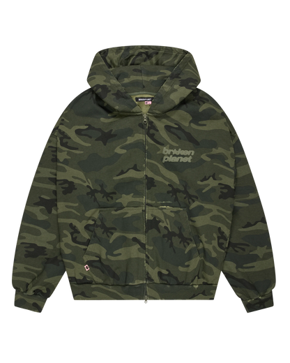 Camouflage hoodie with brand logo on a white background