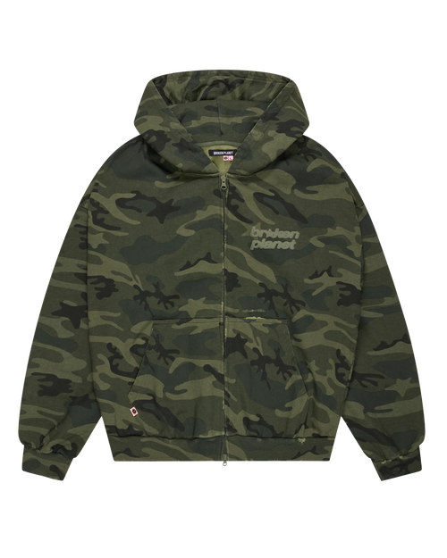 Camouflage hoodie with brand logo on a white background