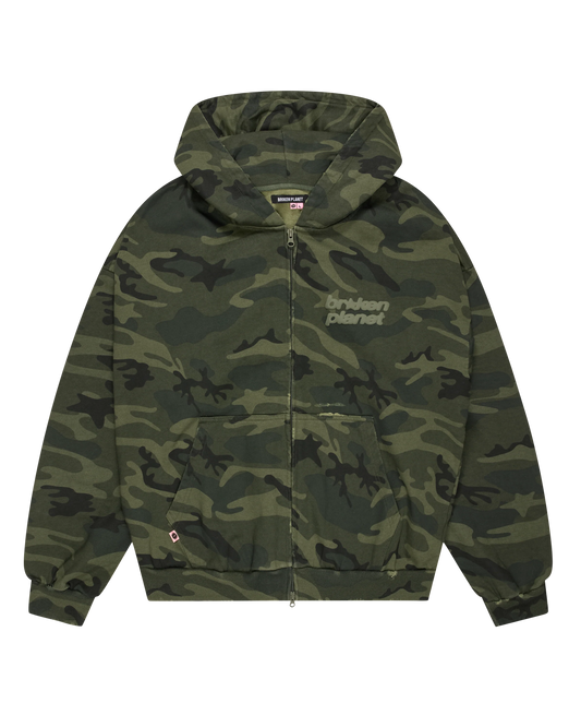 Camouflage hoodie with brand logo on a white background